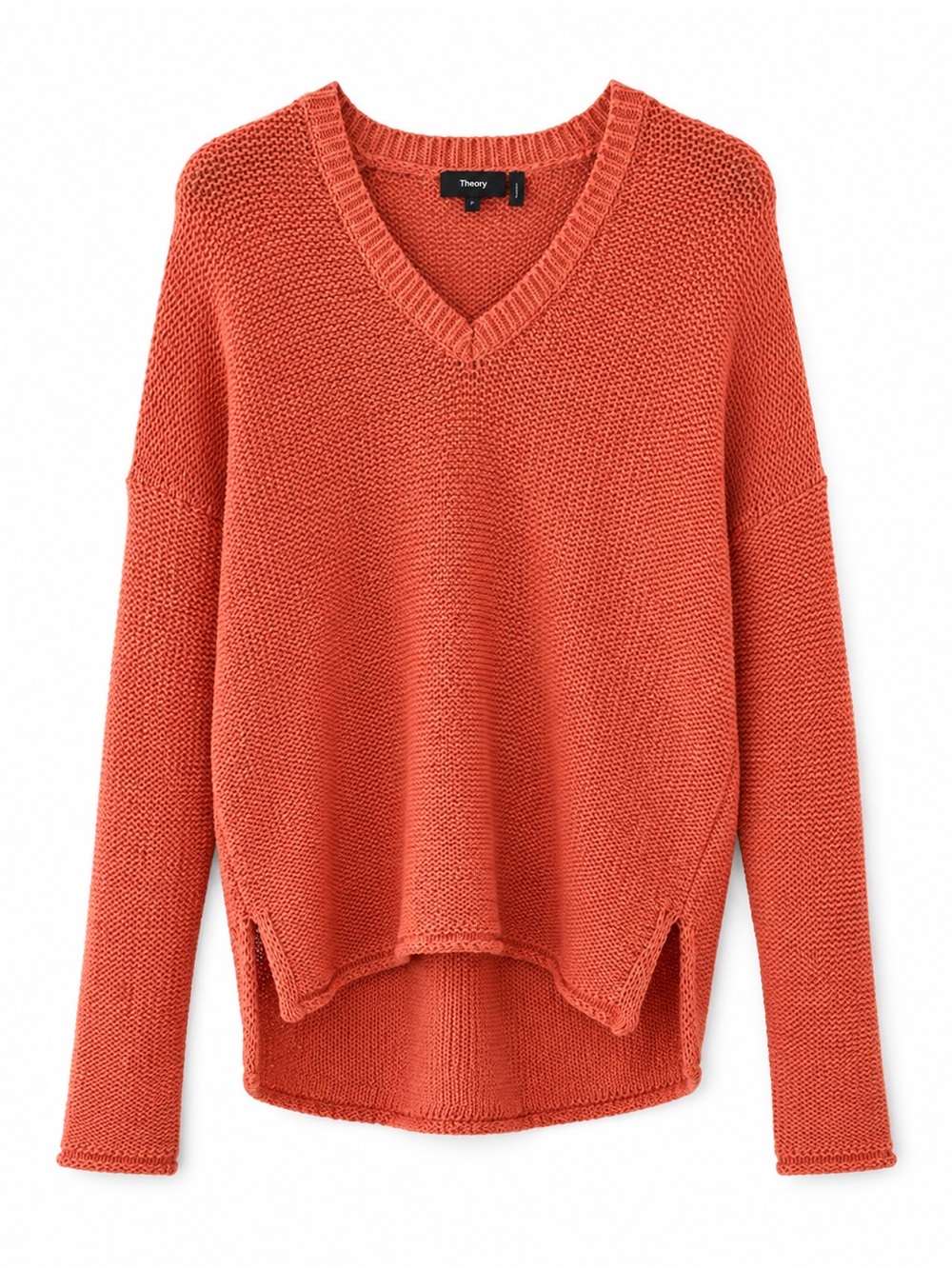 Theory Karenia Cotton Rope-Knit V-Neck Sweater Stretchy Coral Orange Oversized S